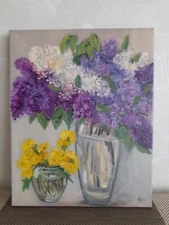 lilac original oil painting, dandelion painting, flower still life, lilac art