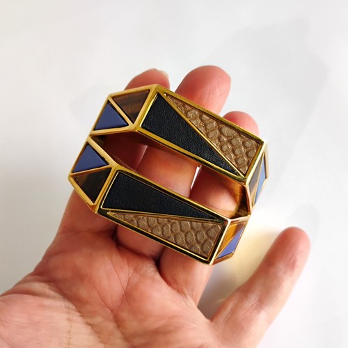 Ann Taylor Modernist Cuff Bracelet 44mm Wide Gold Tone Tiger Eye Blue Stone 6.5" - Picture 5 of 15