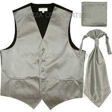 New Men's Tuxedo Vest Horizontal Stripes Ascot Cravat Hankie set prom party Gray