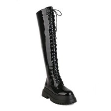 Over Knee High Boots Platform Riding Women's Lace Up Knight Shiny Leather Shoes
