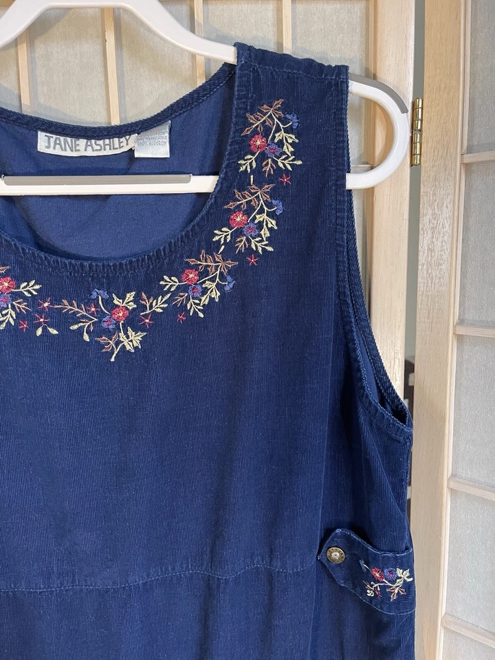 Vestido midi vintage Jane Ashley L azul micro pana bordado jersey cabaña Foto 4 de 4