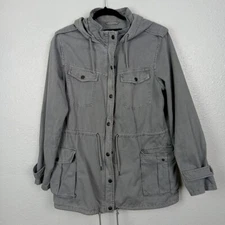 BNCI by Blanc Noir Utility Jacket Women's Large Gray Hooded Outerwear Flaw