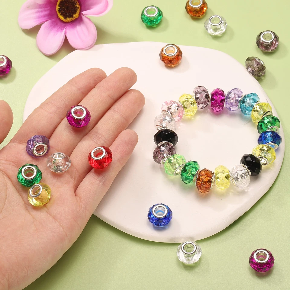 100Pcs 14mm Large Hole Acrylic Beads Champagne European Loose Faceted Bead Foto 4 de 4