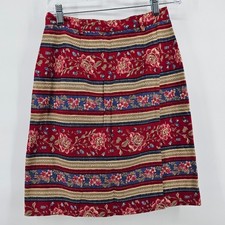 Talbots Skirt Womens 6 Red Floral Tapestry Cotton A-Line Vintage Faux Wrap
