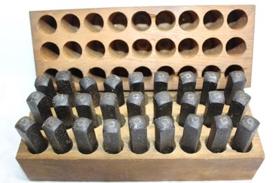 Vintage 27 Piece Steel A-Z Letters Stamp Set in Wooden Box