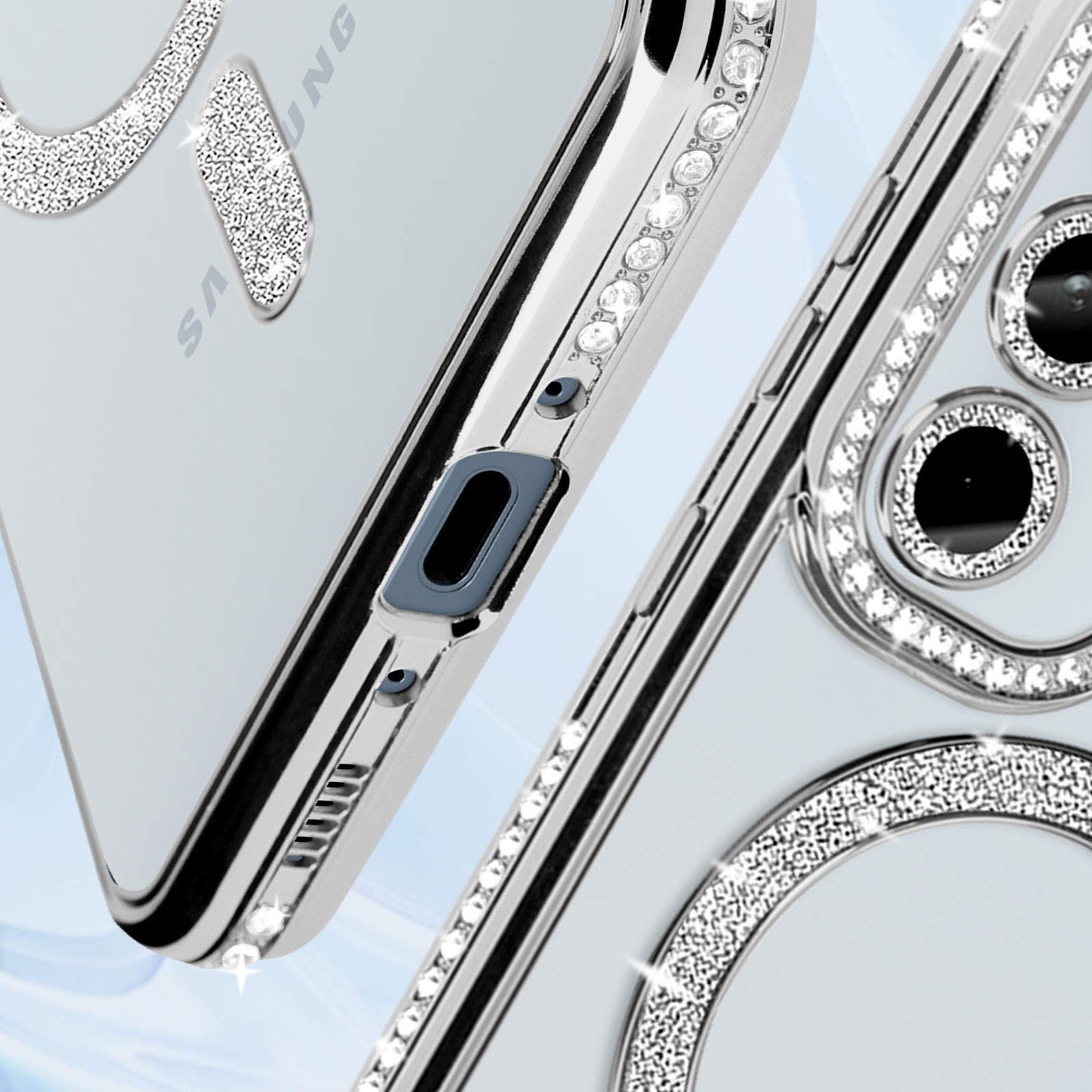 Coque Galaxy A35 argent strass idéale pour sublimer vos soirées chic