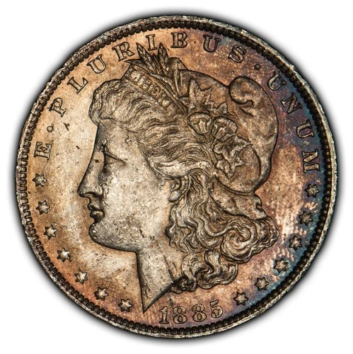 1885-O $1 Morgan Silver Dollar - Vibrant Violet Rim Toning - BU - D4084