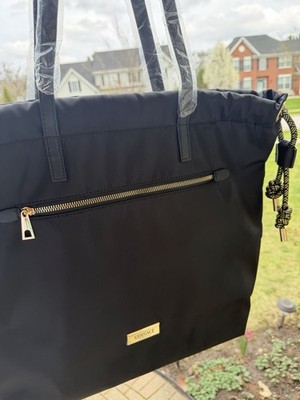 Versace Black Tote Bag Blue Interior Zip Drawstring Gold Hardware Outer Pockets
