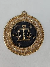 Vintage Libra Zodiac Medallion Pendant Large Gold tone Retro Illuminati