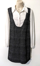 Julia Jordan Women's Tweed Tie Neck Mixed Media Pinafore Shift Dress Sz 6 Blk/Wt