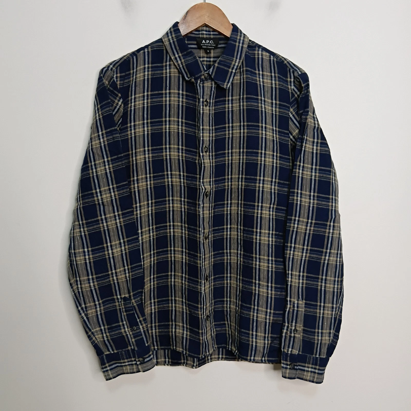 A.P.C. Rue Madame Paris Shirt Mens Size Medium Blue Plaid Check 100% Linen APC