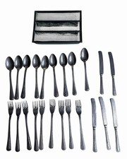 Vtg German Mini Toy Metal Silverware Set 4  Play Kitchen Utensils in Tray HTF