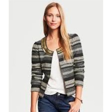 Banana Republic Heritage Tweed Jacket Blazer Beaded Neckline Grey Plaid Size 2