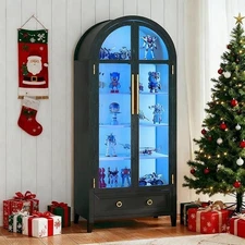 Arched Display Cabinet with Glass Doors,5-Tier Curio Cabinet with 3 Color Lights
