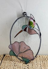 Stain Glass Suncatcher Hummingbird w/ Pink Flower 3D Hanging 7" 5" Oval Shape