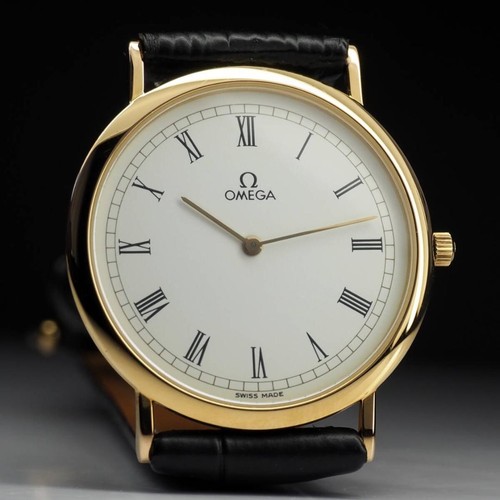 Omega De Ville Vintage Blanc or Rond Noir Ceinture Quartz Montre Hommes Original - Photo 2 sur 9