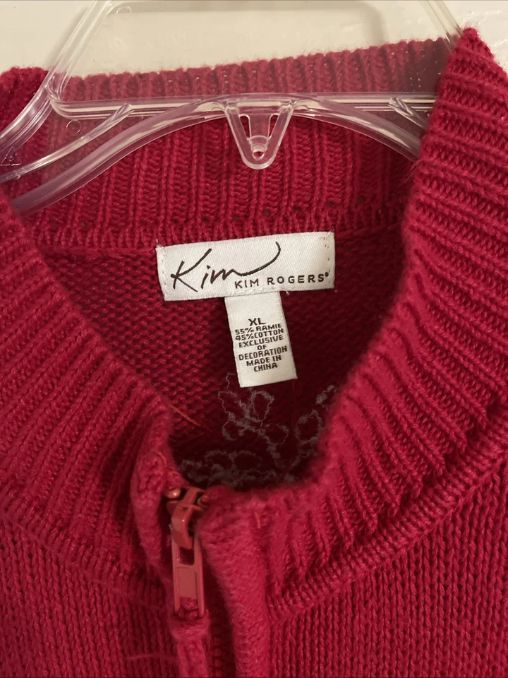Kim Rogers Christmas Sweater Cardigan Womens XL Red Trees Jewels Ribbons Knit - Image 2 of 4