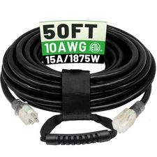 50 Ft 10/3 Black Outdoor Extension Cord Waterproof Heavy Duty 10 Gauge 3 Prong F