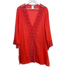 La Blanca Island Fare V-Neck Tunic Swim Cover Up Crochet Cotton Orange Pink M