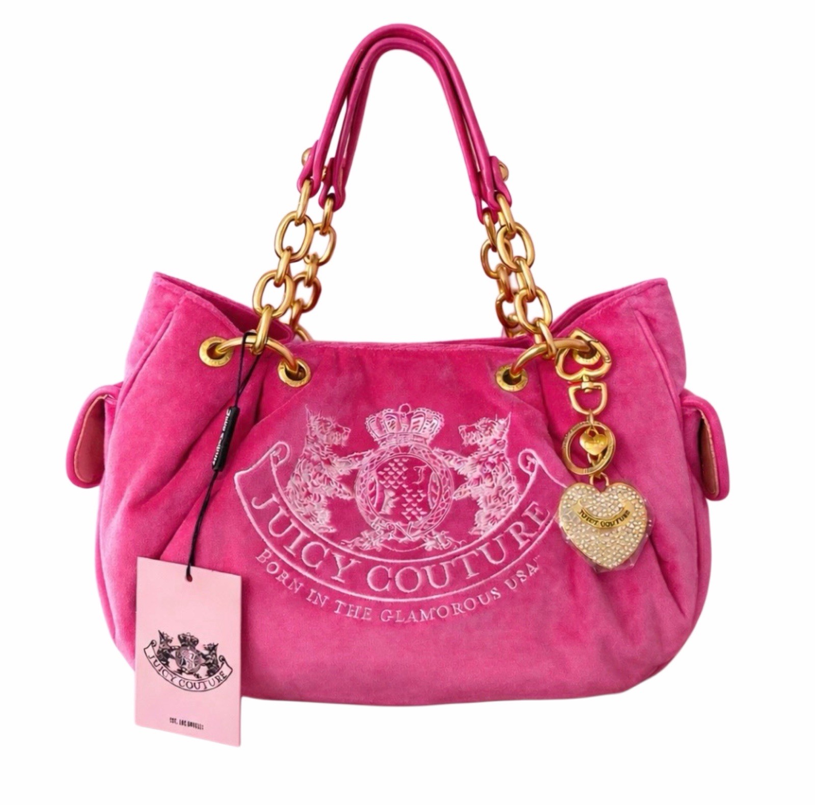 Juicy Couture Pink Yarrow Chain Handle Daydreamer Crest Velour Satchel Bag