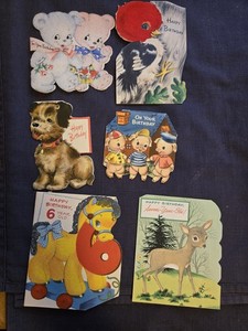 vintage birthday cards flocked Hallmark woodpecker horse bears dog 3 pigs deer