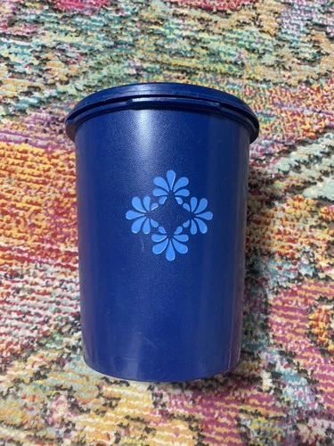 Vintage Dark Blue Tupperware Canister 811-13 Flower with Lid Small