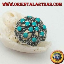 Anello in Argento 925‰ a doppia croce traforato con turchesi tondi e marcasite