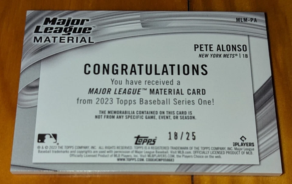 2023 MLB Topps Series 1 Pete Alonzo Topps RELIC CARD #18/25, 3 Color NY Mets - Image 2 of 2