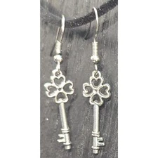Silver Tone Lucky 4 Leaf Clover Shamrock Skeleton Key Charm Earrings Ear Rings