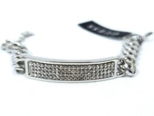 NEW GUESS SHINY SILVER TONE CURBED CHAIN LINK+CRYSTALS PLAQUE BANGLE BRACELET