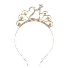 Gold Metal Rhinestone Happy 21st Birthday Princess Tiara Headband Queen Crown