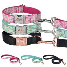 Personalized Dog Collar Dog Leash Floral Nylon Engraved Name Adjustable Boy Girl