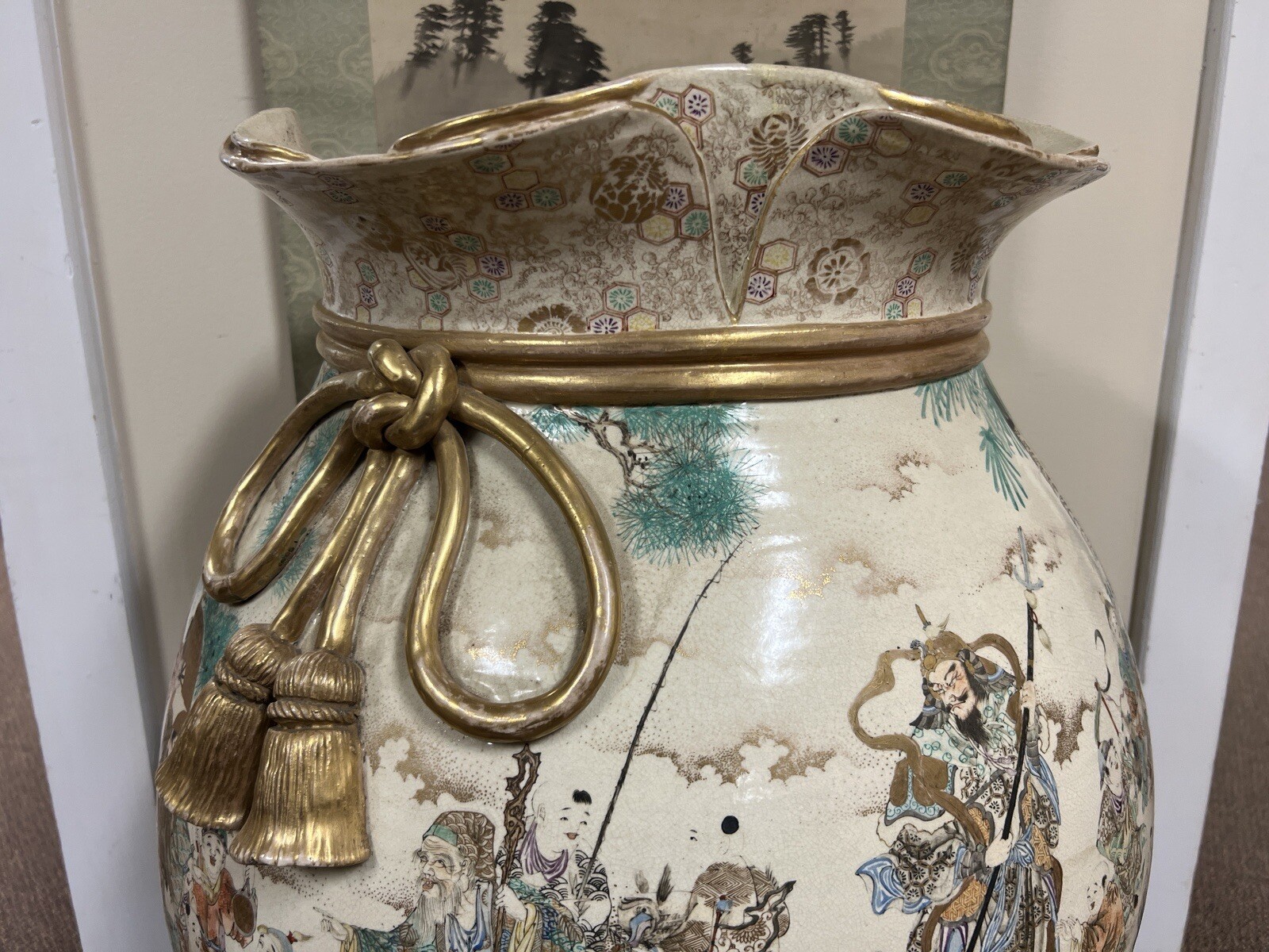 Massive Antique Japanese Satsuma Floor Vase Jar With Wood stand eBay