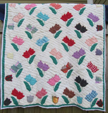 80 HAND SEWN QUILT vintage antique Handmade Cotton 72x59 flower tulips