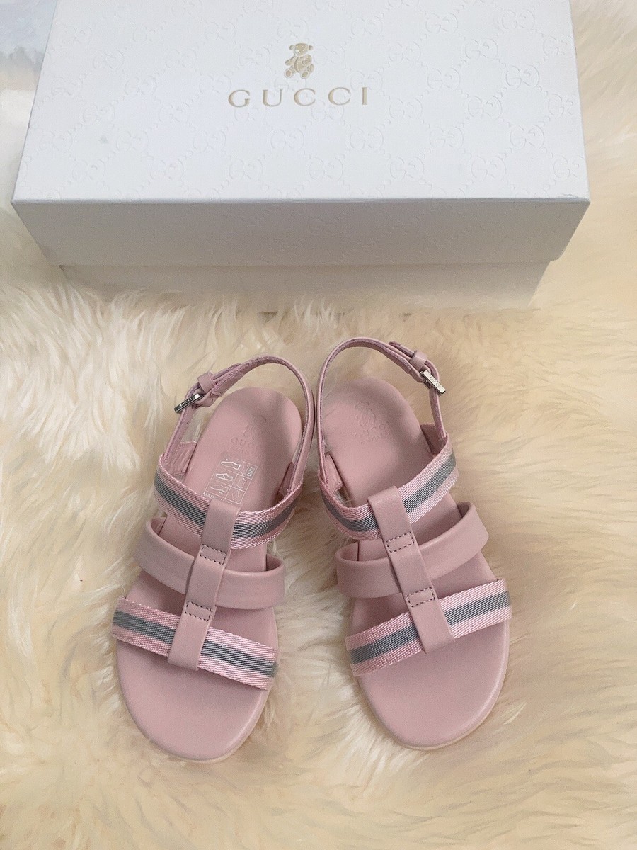 NIB 100% AUTH Gucci Toddler Pink Leather and Web Sandals 25/US