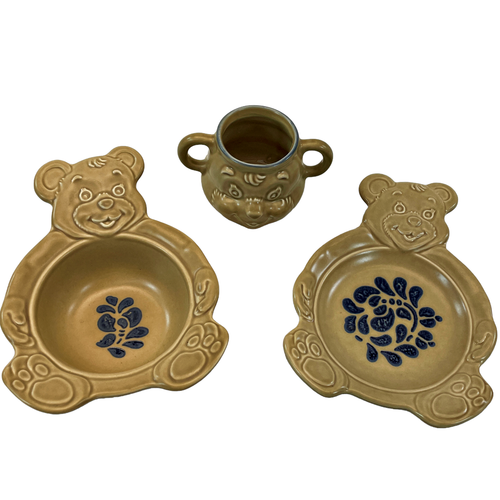RARE Pfaltzgraff Folk Art Brown Teddy Bear Porringer Cup Saucer & Bowl