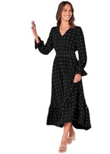 Escalier Elegant Womens Black Swiss Dot Long Sleeve Maxi Dress Size S-Smocked