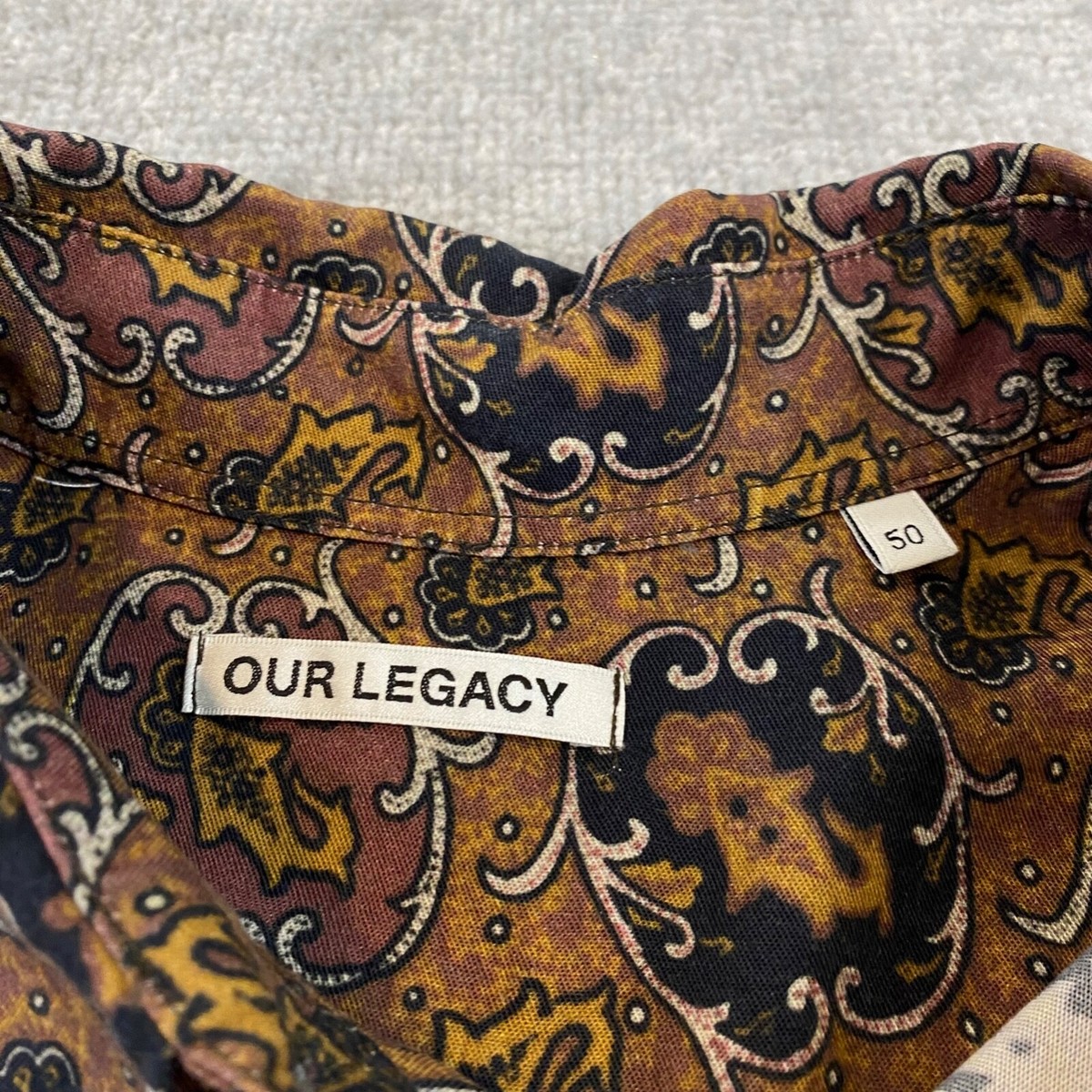 OUR LEGACY Shirt Mens 50 Brown Paisley Print Twill Button Up OUR LEGACY Shirt Mens 50 Brown Paisley Print Twill Button Up