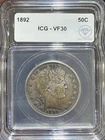 1892 Barber Half Dollar ICG VF-30 IDC Verified