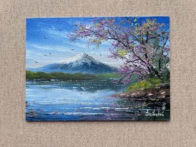 Cherry Blossom Oil Painting Original, Mountain Lake Landscape Art, Sakura Tree