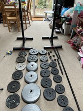 barbell set, dumbbells, squat rack, 95kg of weight plates gym set up