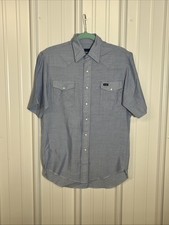 VTG Wrangler Western Shirt Solid Blue Pearl Snap Short Sleeve Mens Medium