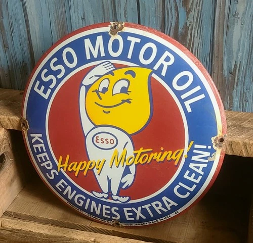 Vintage ESSO Motor Oil Porcelain Metal Domed Gas Pump Plate Sign