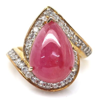 925 Sterling Silver 10 x 16 mm. Pink Ruby & White Zircon Ring  Size 6.75