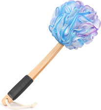 Loofah on a Stick PE Soft Mesh Luffa Non-Slip Wooden Handle Purple Blue White