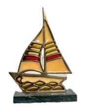 Vintage Enesco Brass  Stained Glass sailboat sculpture W/Granite Base 9.5 6.5x2