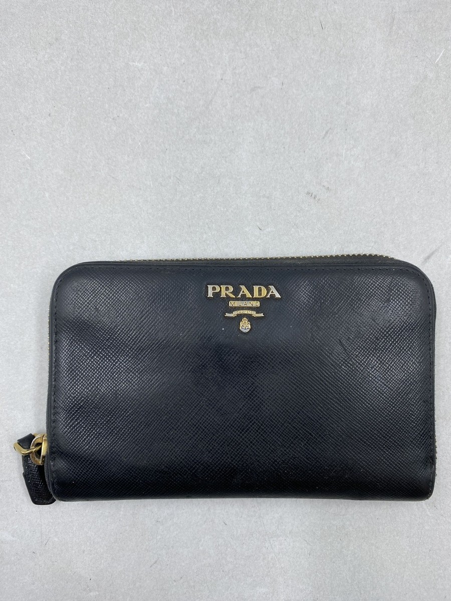 Prada Saffiano Black Leather Zip Continental Wallet | eBay