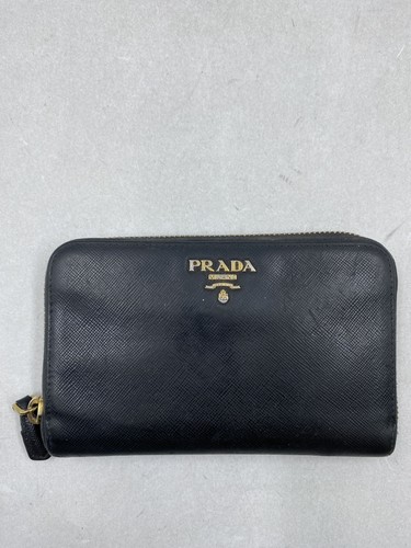 Prada Saffiano Black Leather Zip Continental Wallet