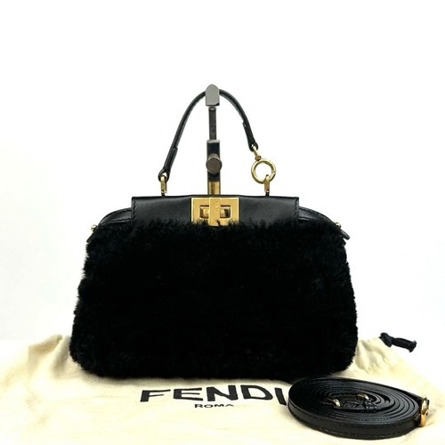 Fendi Mini Peekaboo Handbag Boa Leather Black 2Way Vintage Used