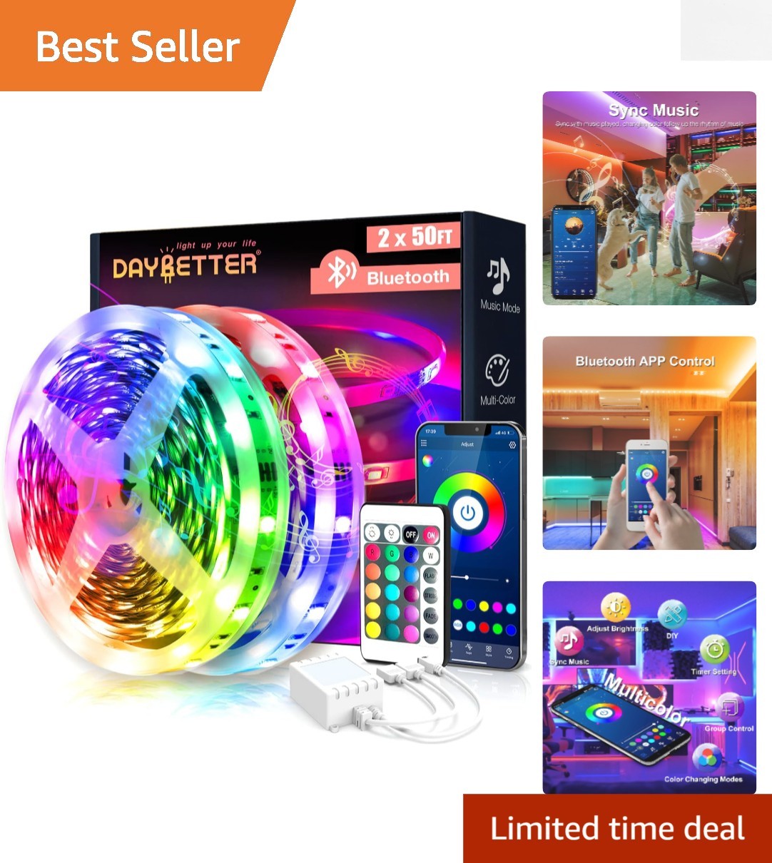 Multicolor LED Strip Lights 100 ft - App & Remote Control for Ultimate Decor